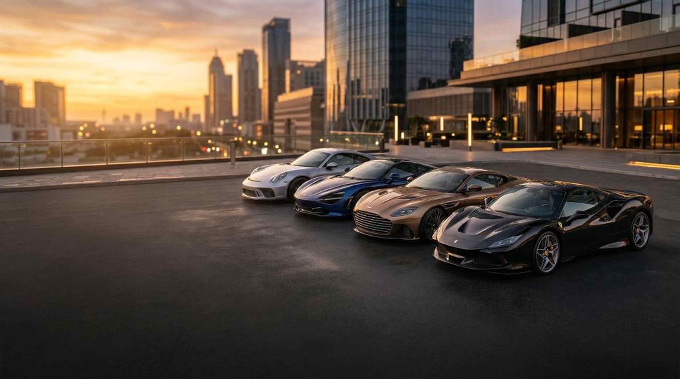 Exklusive Sportwagen-Flotte bei Sonnenuntergang